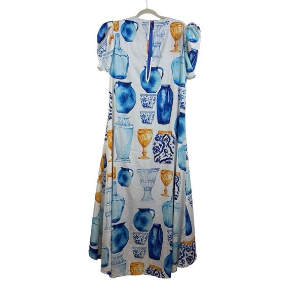 Sassy Jones New Zena Layered Cape Jumpsuit Small Blue Vase Print Puff Sleeve - Picture 11 of 16